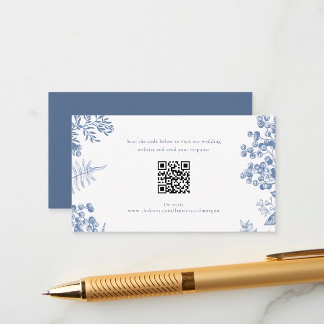 Elegant French Blue Floral Wedding QR Code  Enclosure Card (Front/Back In Situ)