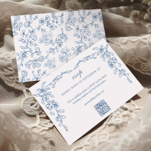 Elegant French Blue QR Code Vintage Wedding RSVP Card