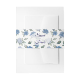Elegant French Blue Rose Watercolor Wedding Invitation Belly Band