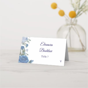 Elegant French Blue Rose Watercolor Wedding Place Card