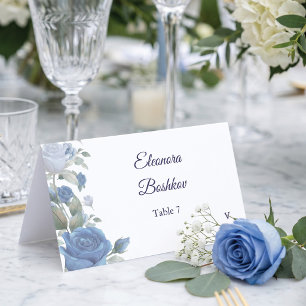 Elegant French Blue Rose Watercolor Wedding Place Card