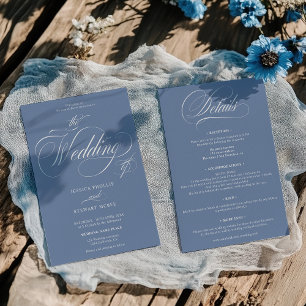 Elegant French Blue Script All in One Wedding Invitation