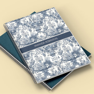 Elegant French Blue Toile De Jouy Monogram Planner
