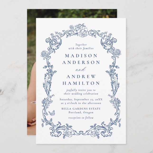 Elegant French Blue Victorian Floral Photo Wedding Invitation (Front/Back)