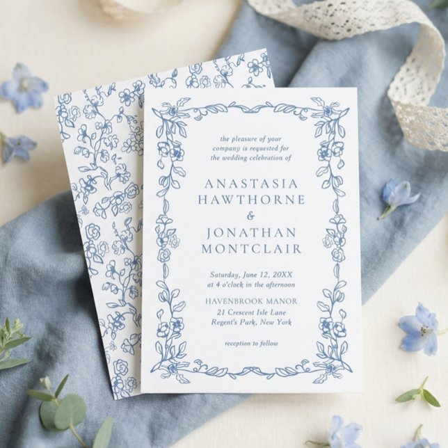 Elegant French Blue Vintage Floral Wedding Invitation (Creator Uploaded)
