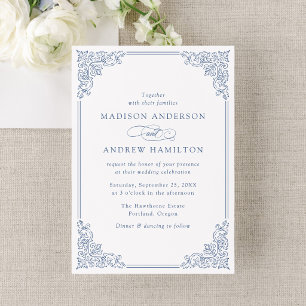Elegant French Blue Vintage Ornate Frame Wedding Invitation