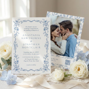 Elegant French Blue Vintage Photo QR Code Wedding Invitation