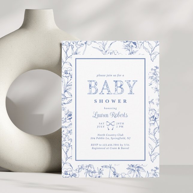 Elegant French Blue & White Floral Baby Shower Invitation (Creator Uploaded)