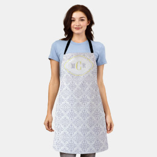 Elegant French Blue White Yellow Damask Monogram Apron