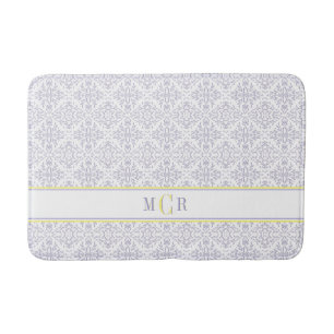Elegant French Blue White Yellow Damask Monogram Bath Mat