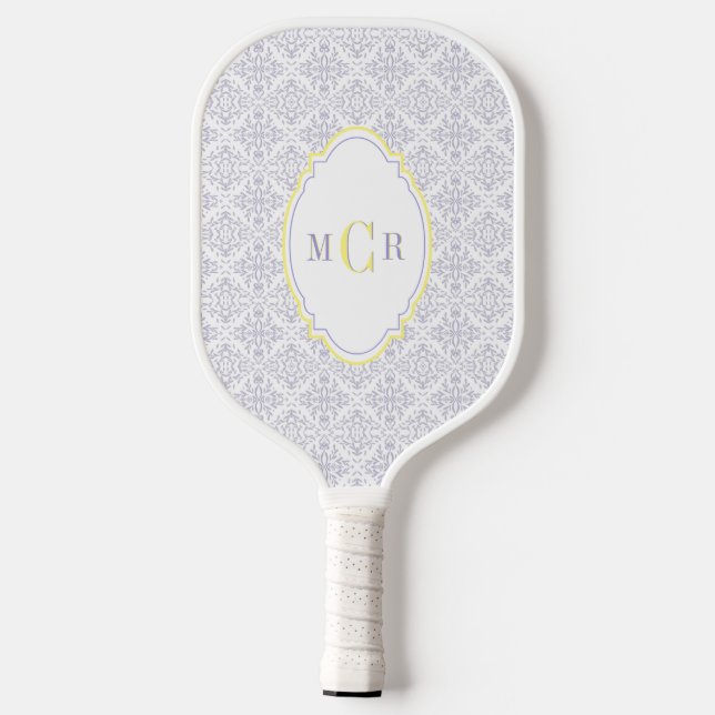 Elegant French Blue Yellow Damask Pattern Monogram Pickleball Paddle (Back)