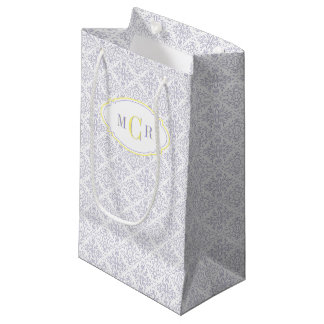 Elegant French Blue Yellow Damask Pattern Monogram Small Gift Bag