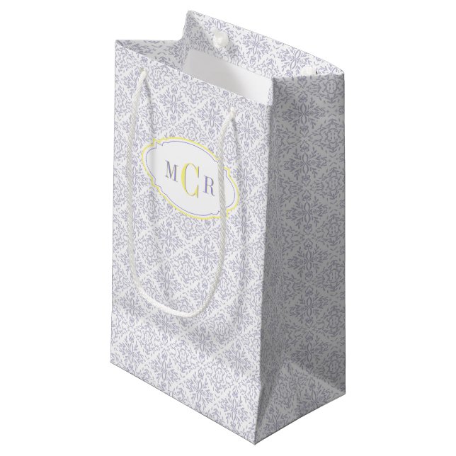 Elegant French Blue Yellow Damask Pattern Monogram Small Gift Bag (Front Angled)