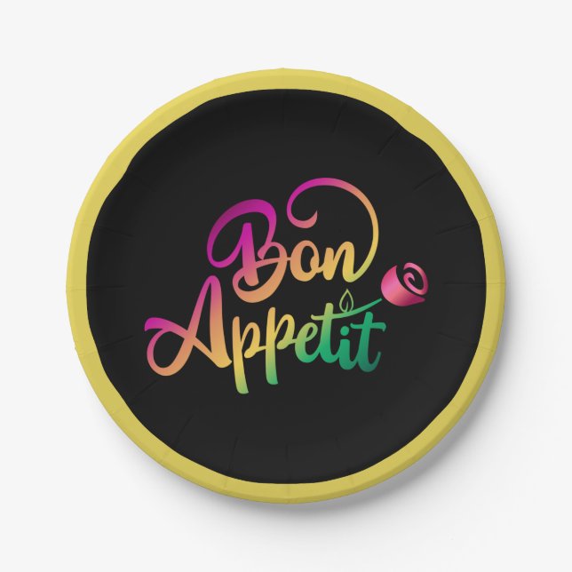 Elegant French Bon Appetite Quote Yellow Black Pap Paper Plate (Front)