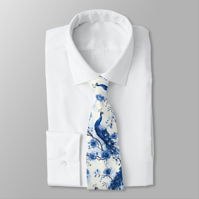 Elegant French Chinoiserie Blue Peacock Watercolor Tie (Tied)