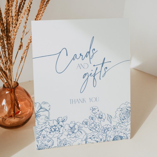 Elegant French Chinoiserie Floral Cards and Gifts Pedestal Sign (Blue choinoiserie cards and gifts sign with floral toile de jouy)