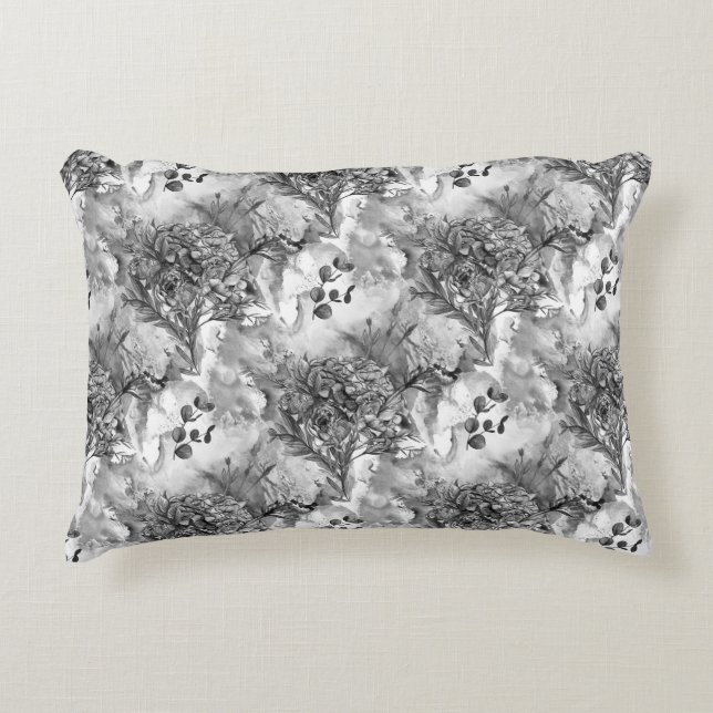 Elegant French Country Black and White Floral Decorative Cushion (Front)