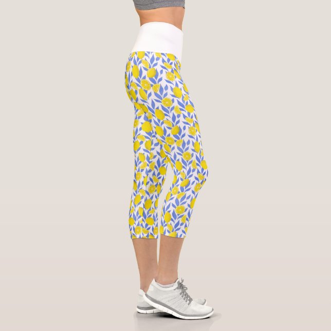 Elegant French Country Lemon Blue Botanical Capri Leggings (Right)