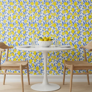 Elegant French Country Lemon Blue Botanical Wallpaper