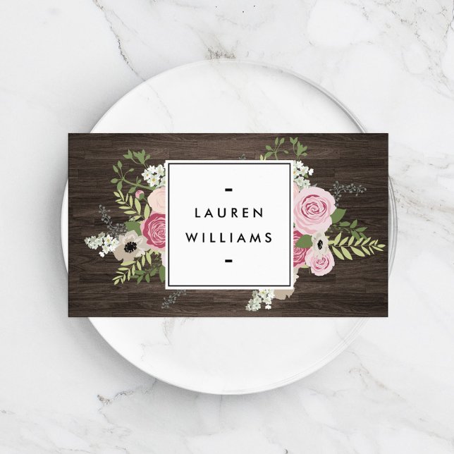 Elegant French Country Pink Roses on Woodgrain Business Card (Creator Uploaded)
