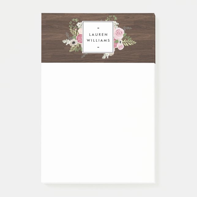 Elegant French Country Pink Roses on Woodgrain Post-it Notes (Front)