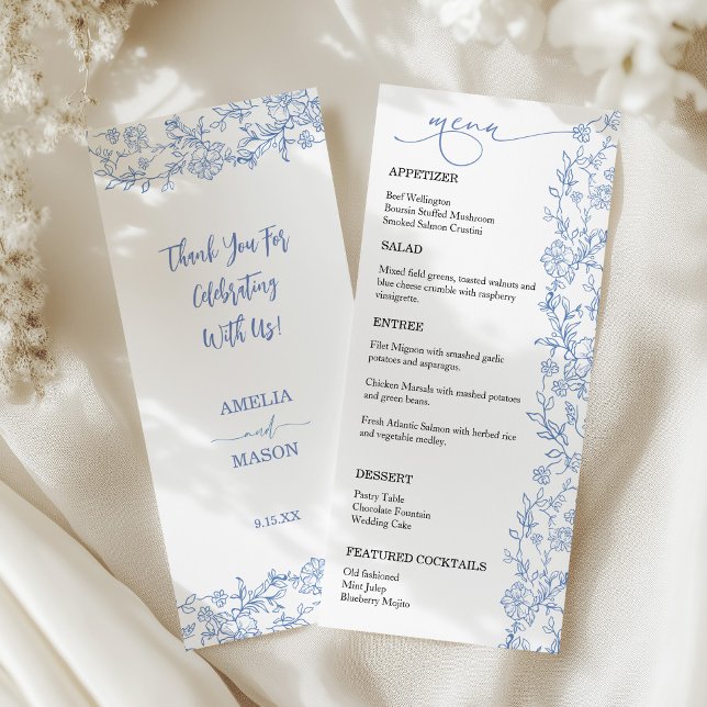 Elegant French Dusty Blue Vintage Wedding Menu (Blue with Black Text French Floral Delicate Whimsical Wedding Menu )