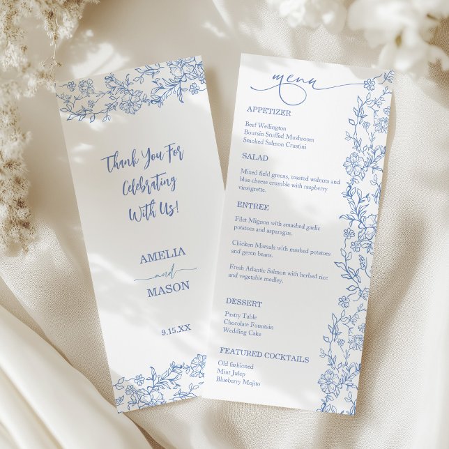 Elegant French Dusty Blue Vintage Wedding Menu (Blue French Floral Delicate Whimsical Wedding Menu )
