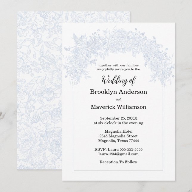 Elegant French Floral Blue Invitation (Front/Back)