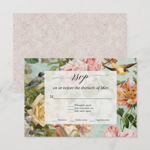 Elegant French Floral Blush Aqua Roses Birds RSVP Card