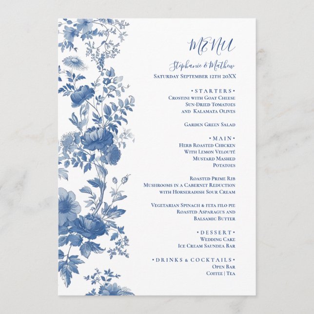 Elegant  French Floral Toile Blue Wedding Menu (Front)