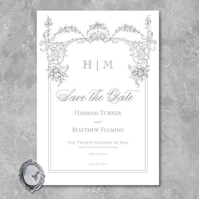 Elegant French Grey Victorian Chinoiserie Wedding Save The Date (Elegant French Gray Victorian Chinoiserie Wedding Save The Date)