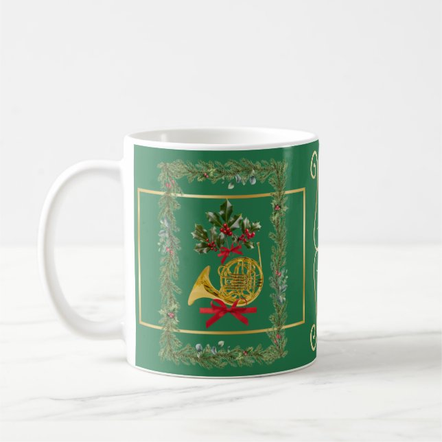 Elegant French Horn Christmas Green Coffee Mug (Left)