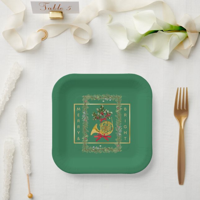 Elegant French Horn Christmas Green Paper Plate (Wedding)