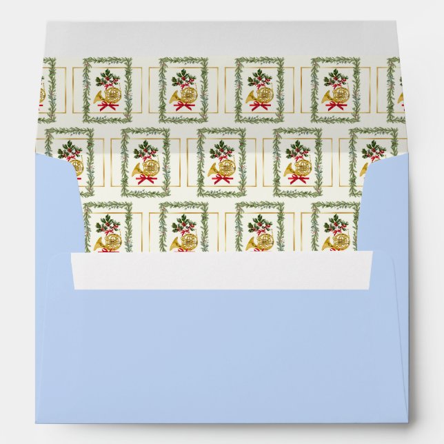 Elegant French Horn Christmas Light Blue Envelope (Back (Bottom))