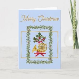 Elegant French Horn Christmas Light Blue Holiday Card