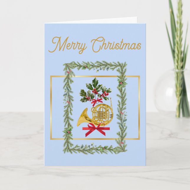 Elegant French Horn Christmas Light Blue Holiday Card (Front)