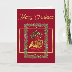 Elegant French Horn Christmas Maroon Holiday Card