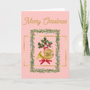 Elegant French Horn Christmas Pink Holiday Card