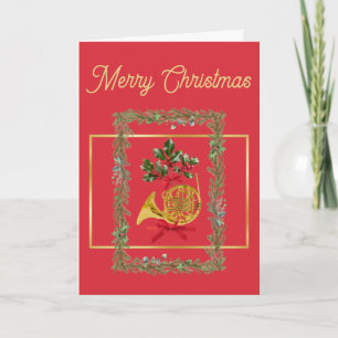 Elegant French Horn Christmas Red Holiday Card