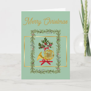 Elegant French Horn Christmas Sage Green Holiday Card