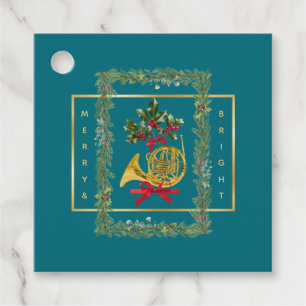 Elegant French Horn Christmas Teal Favour Tags