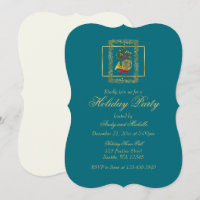 Elegant French Horn Christmas Teal Flat Card