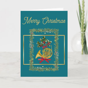 Elegant French Horn Christmas Teal Holiday Card