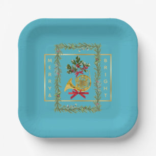Elegant French Horn Christmas Turquoise Paper Plate