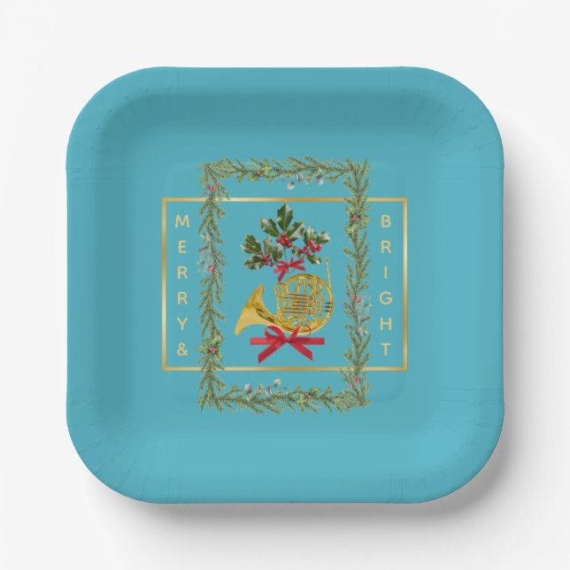 Elegant French Horn Christmas Turquoise Paper Plate (Front)