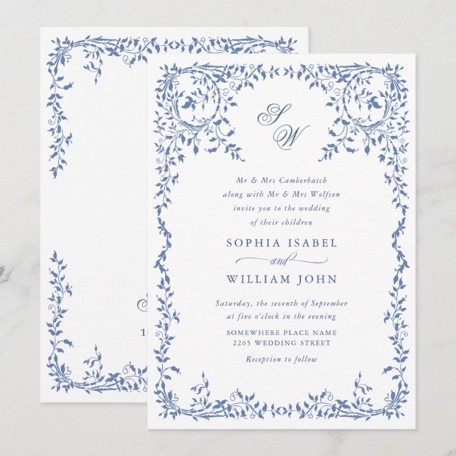 Elegant French Ornate Floral Frame Wedding QR code Invitation (Front/Back)