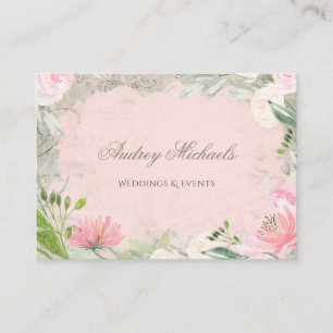 Elegant French Pink Floral Wedding Event Planner Business Card