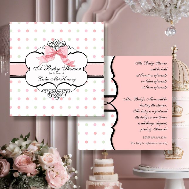 Elegant French Pink Ribbon Bow Dot Swirl Invitation (Creator Uploaded)