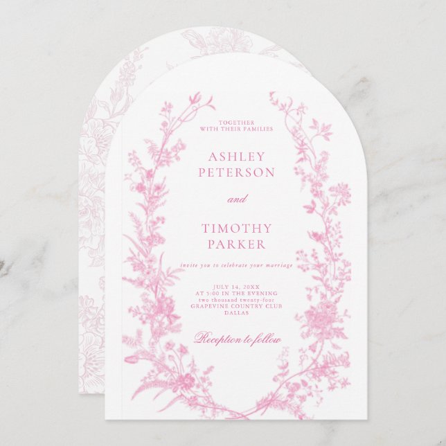Elegant French Pink Toile Floral Wedding  Invitation (Front/Back)