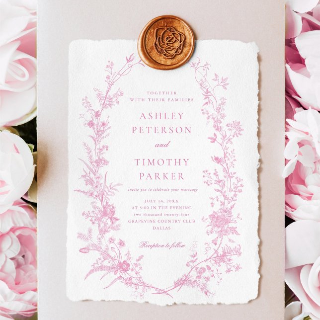 Elegant French Pink Toile Floral Wedding Invitation (Creator Uploaded)